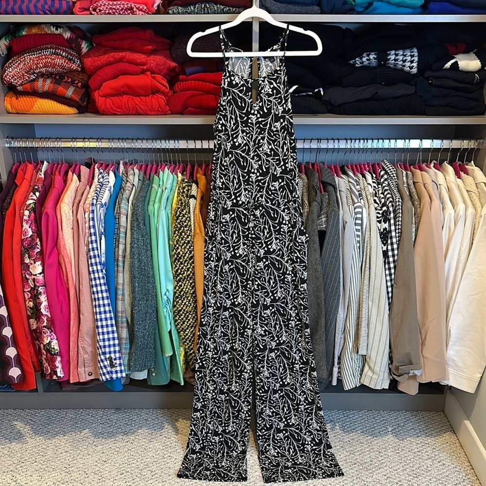 Goldray white/black print elastic waistband 2 pocket back button jumpsuit size S